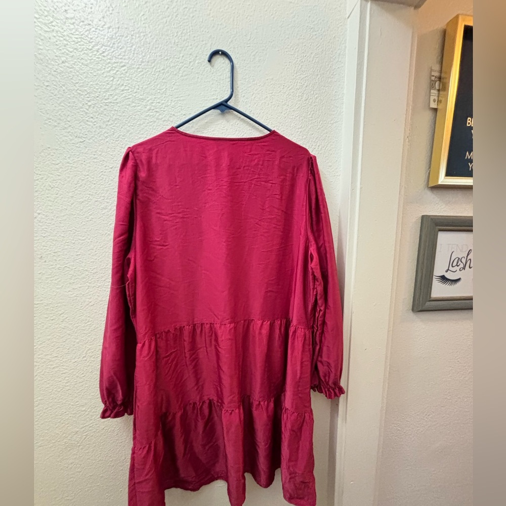 a magenta flare dress.